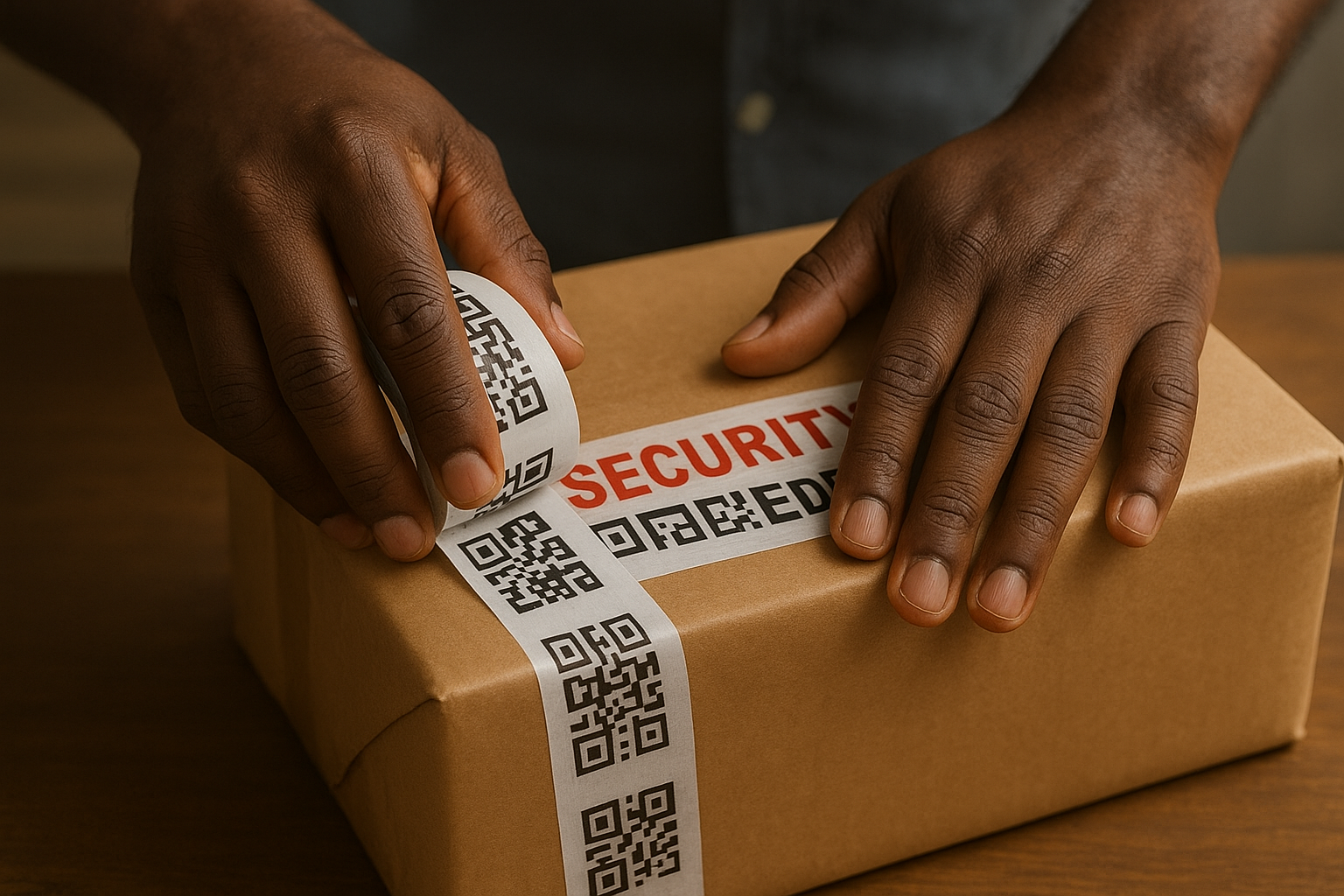 Hands applying tamper-proof security tape with QR code to a package